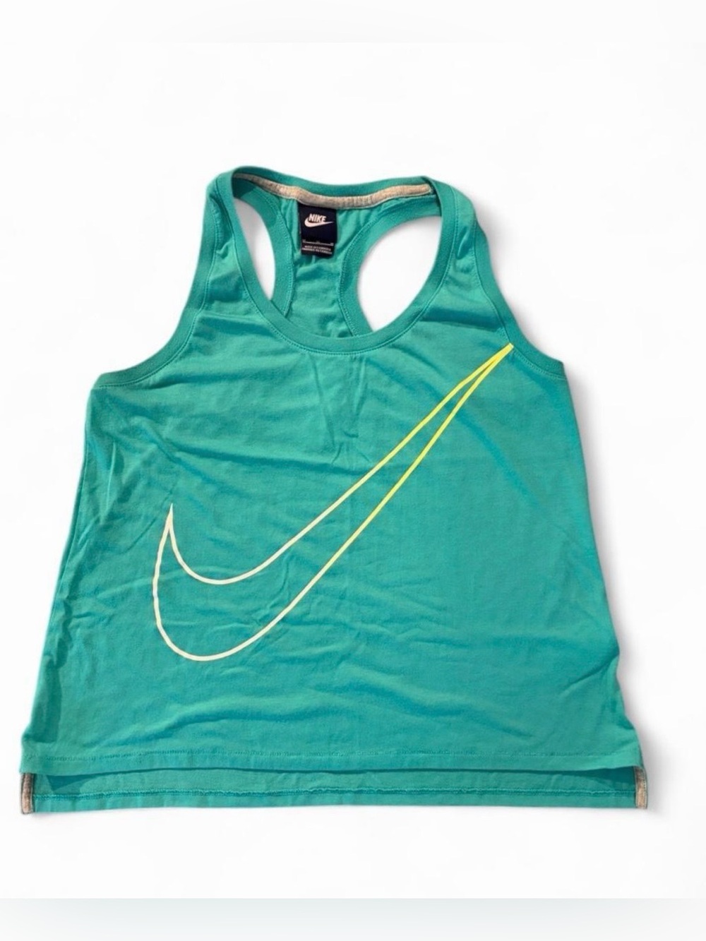 Nike women’s Sz. M teal racer back tank top with large yellow + white swoosh